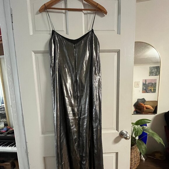 silver semi sheer long slip dress metalic statement - Picture 2 of 6
